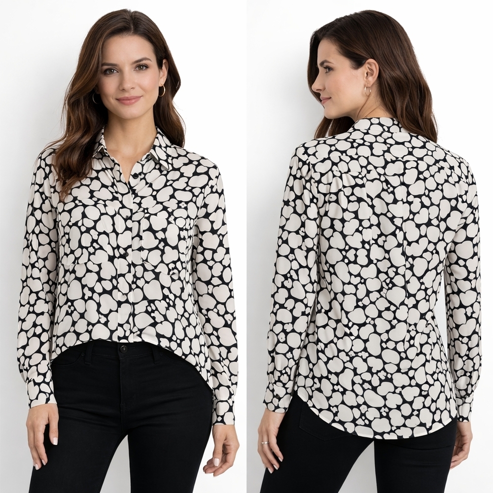 TALBOTS Nantucket Blouse Womens Small White Navy Heart Print Button Front Preppy